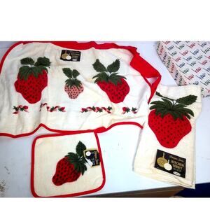 Vintage Morgan Jones Kitchen Strawberry Towel Apron Set Original Hess Gift Box
